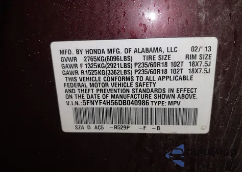 2013 Honda Pilot Ex-L z USA, uszkodzony, nr VIN 5FNYF4H56DB040986